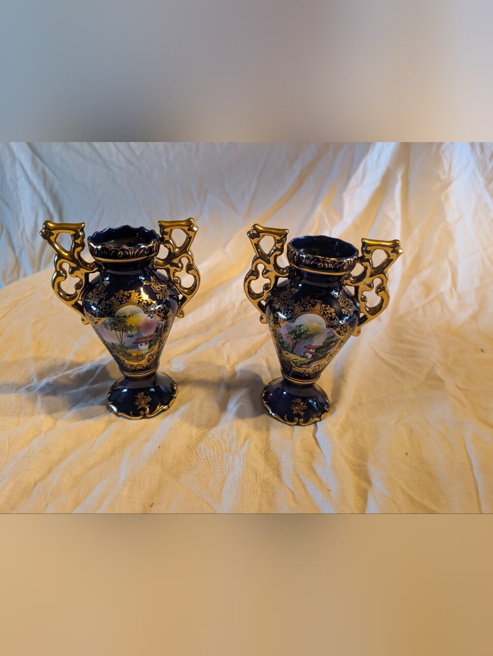 2/60$ Vintage Cobalt Blue and Gold Porcelain Vase Pair